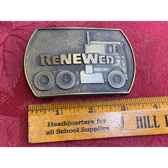 Vtg Cabover Semi Truck Trucker ReNEWed Company Logo Brass Belt Buckle Brand RJ - Picture 7 of 8